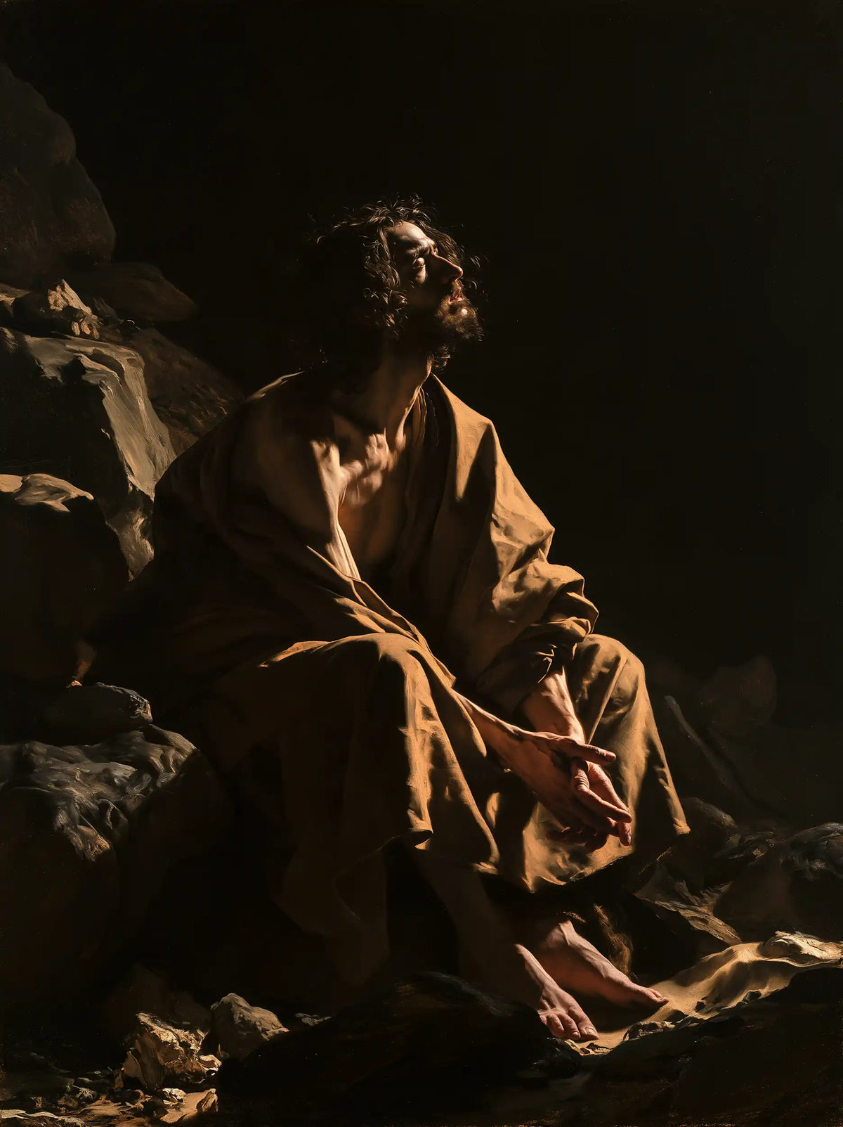 Jesus in the desert during the temptation in Caravaggio Tenebrism style, portrait Christian artwork no. 18