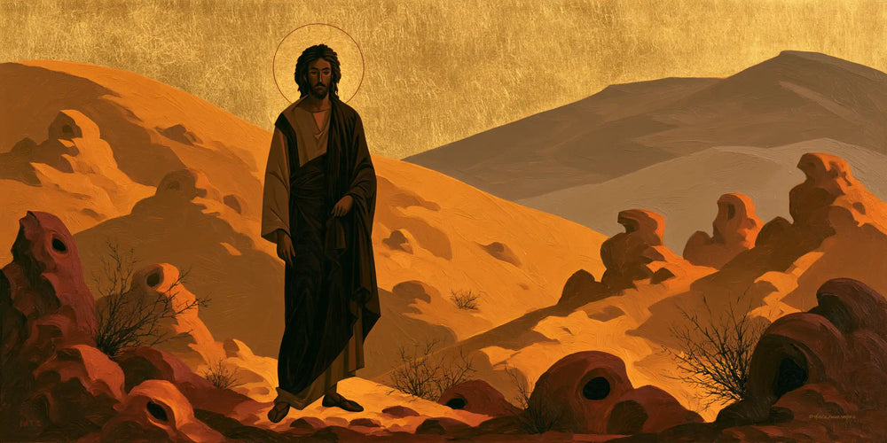 Jesus in the desert during the temptation in Contemporary Byzantine style, landscape Christian artwork no. 16