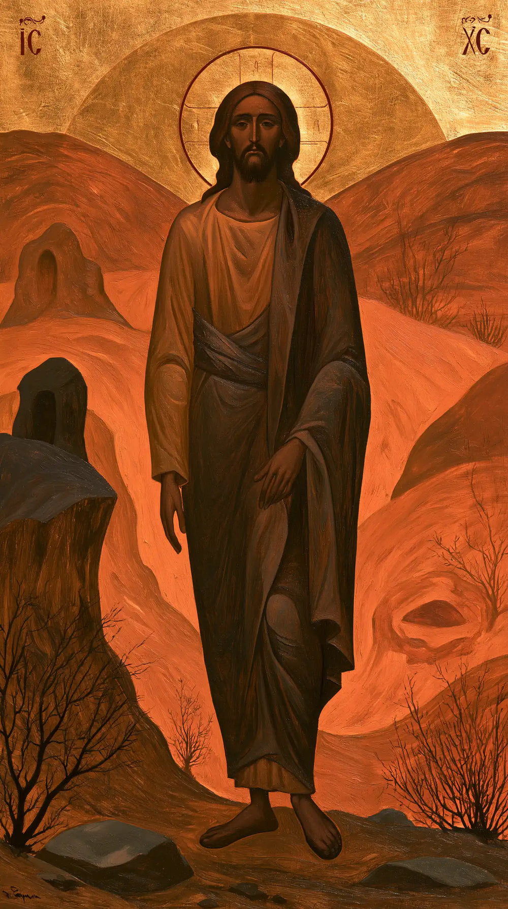 Jesus in the desert during the temptation in Contemporary Byzantine style, portrait Christian artwork no. 1