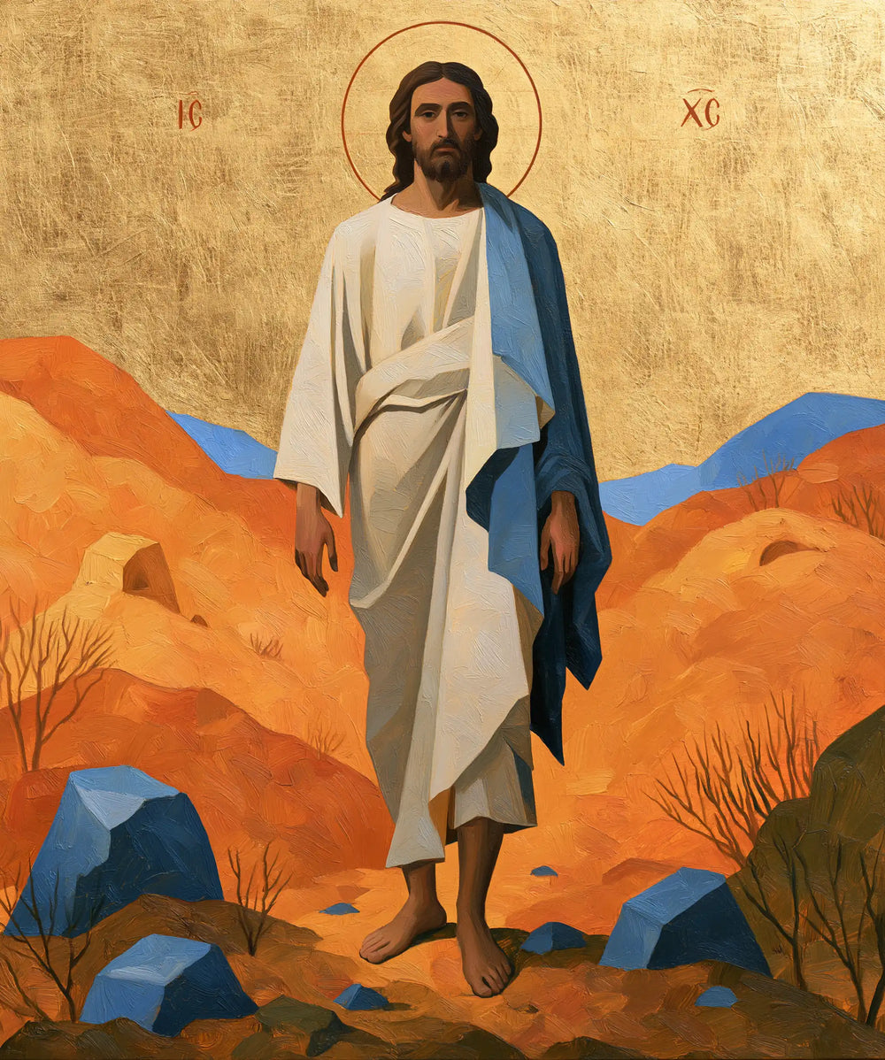 Jesus in the desert during the temptation in Contemporary Byzantine style, portrait Christian artwork no. 40