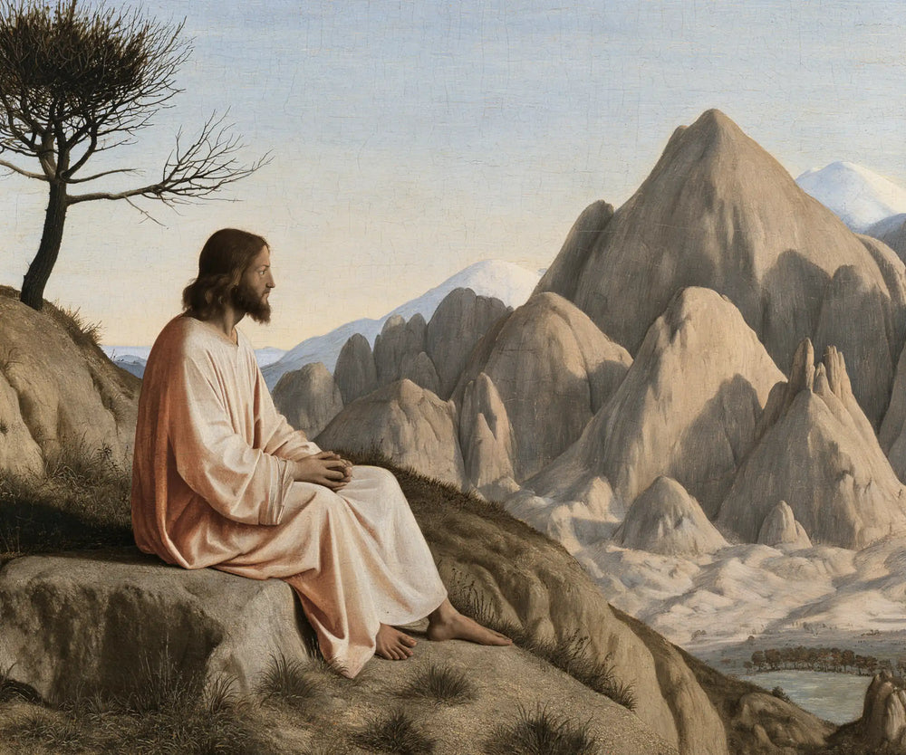 Jesus in the desert during the temptation in Florentine Renaissance style, landscape Christian artwork no. 3