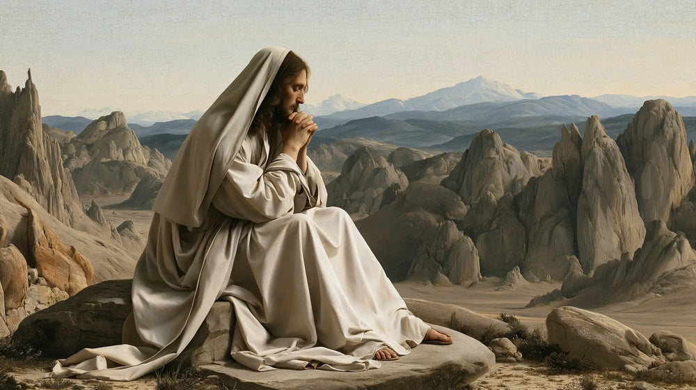 Jesus in the desert during the temptation in Florentine Renaissance style, landscape Christian artwork no. 19