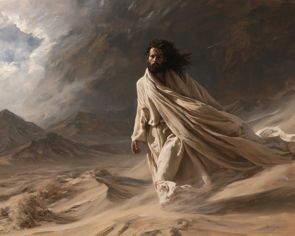 Jesus confronting an inner spiritual struggle in the desert in The Inner Struggle style, landscape Christian artwork no. 4