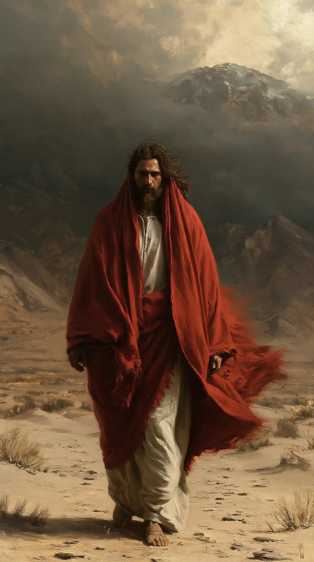 Jesus confronting an inner spiritual struggle in the desert in The Inner Struggle style, portrait Christian artwork no. 15