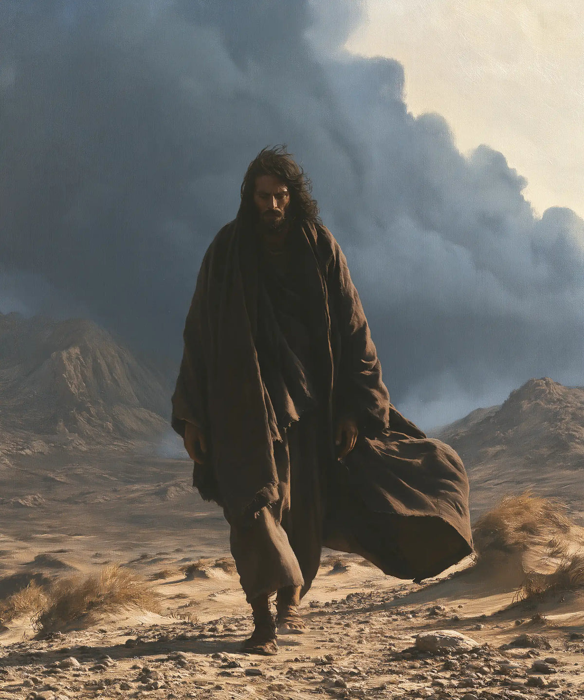 Jesus confronting an inner spiritual struggle in the desert in The Inner Struggle style, portrait Christian artwork no. 42