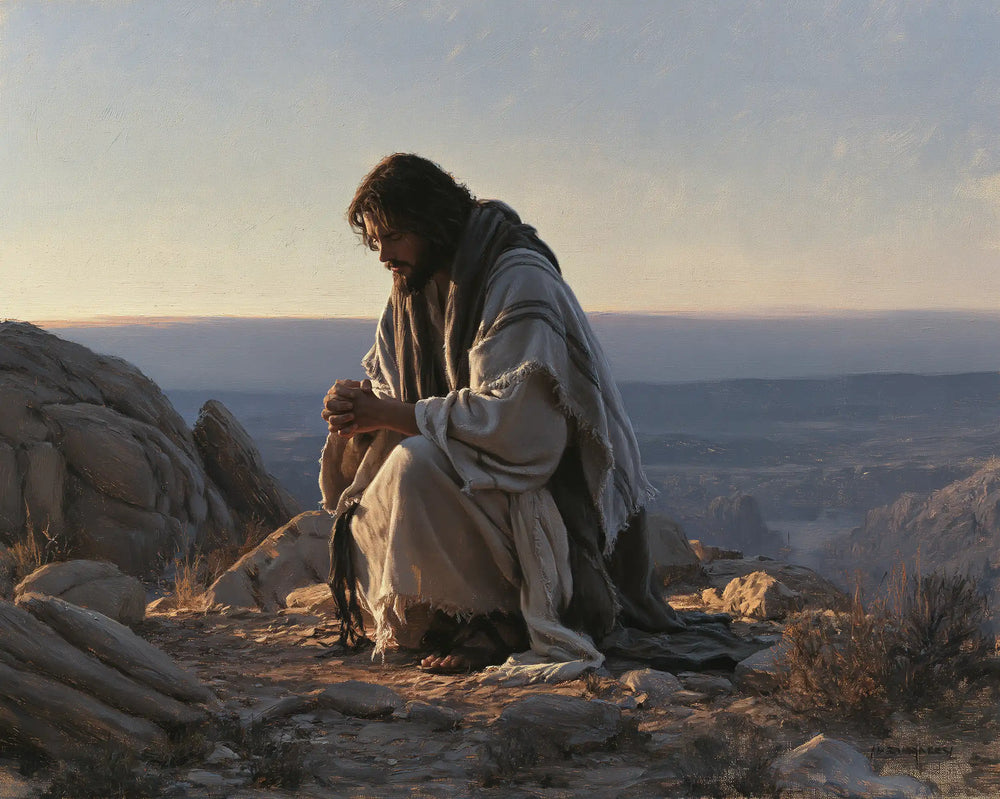 Jesus praying alone in the desert in Jesus in Prayer style, landscape Christian artwork no. 5