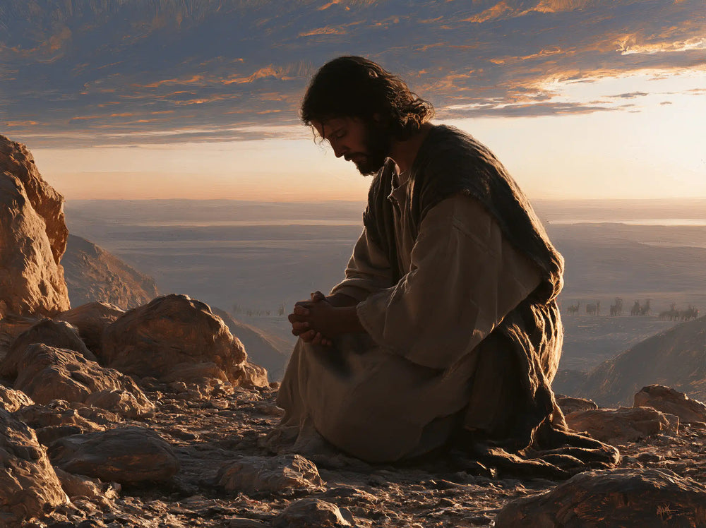 Jesus praying alone in the desert in Jesus in Prayer style, landscape Christian artwork no. 11