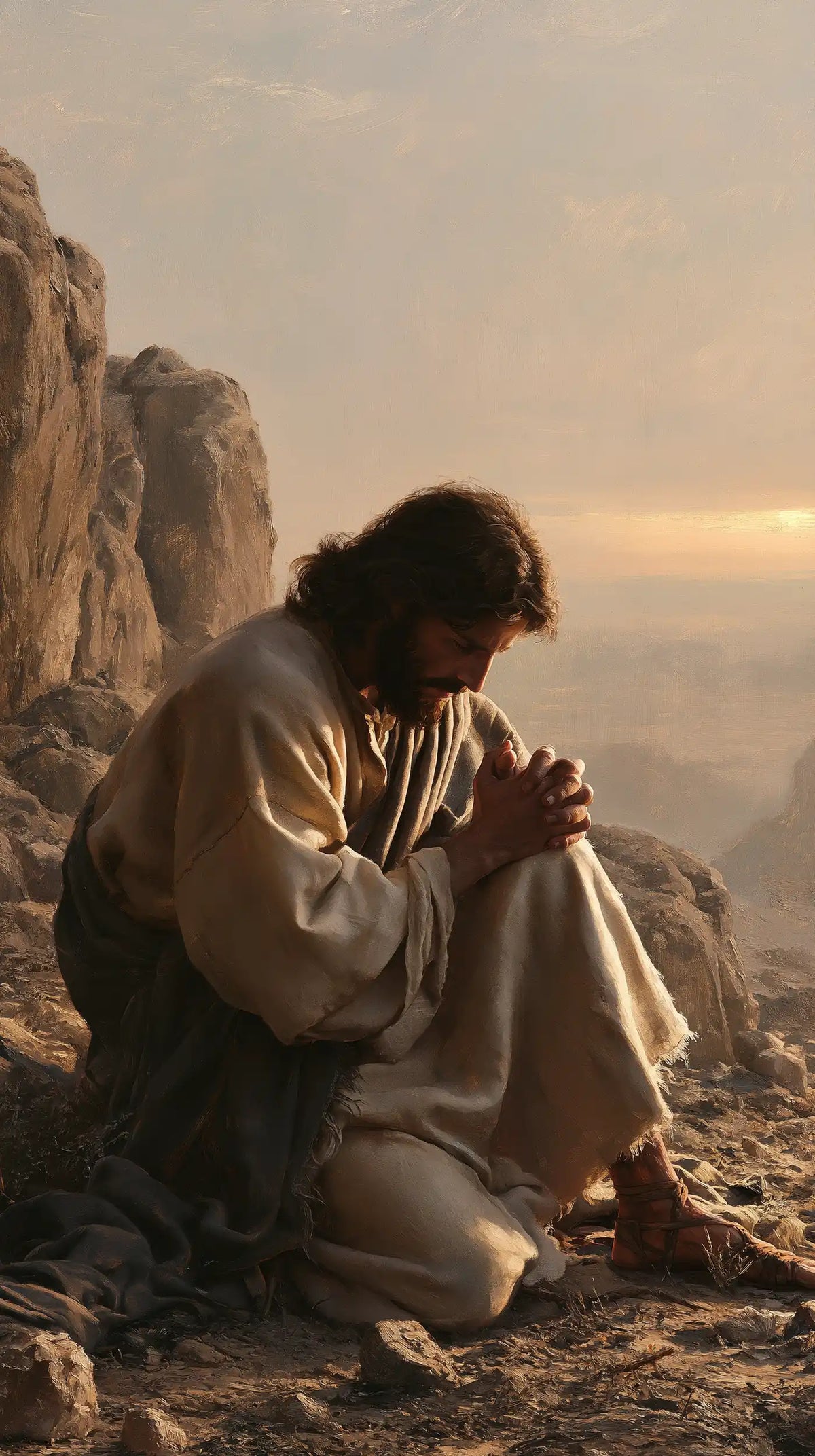Jesus praying alone in the desert in Jesus in Prayer style, portrait Christian artwork no. 25