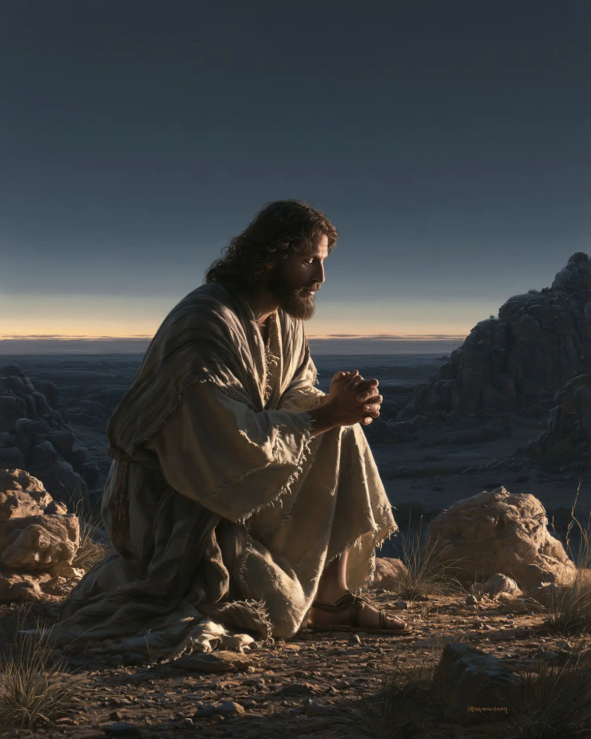 Jesus praying alone in the desert in Jesus in Prayer style, portrait Christian artwork no. 39