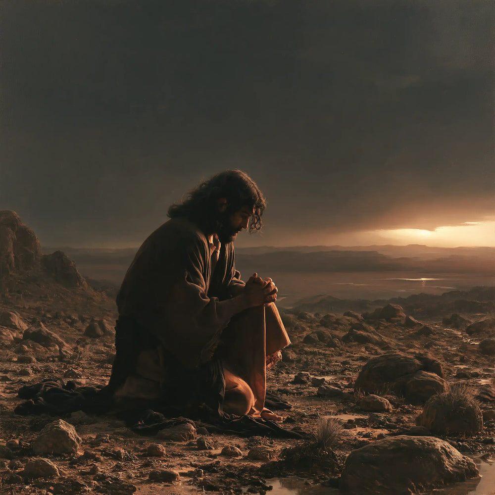 Jesus praying alone in the desert in Jesus in Prayer style, square Christian artwork no. 1