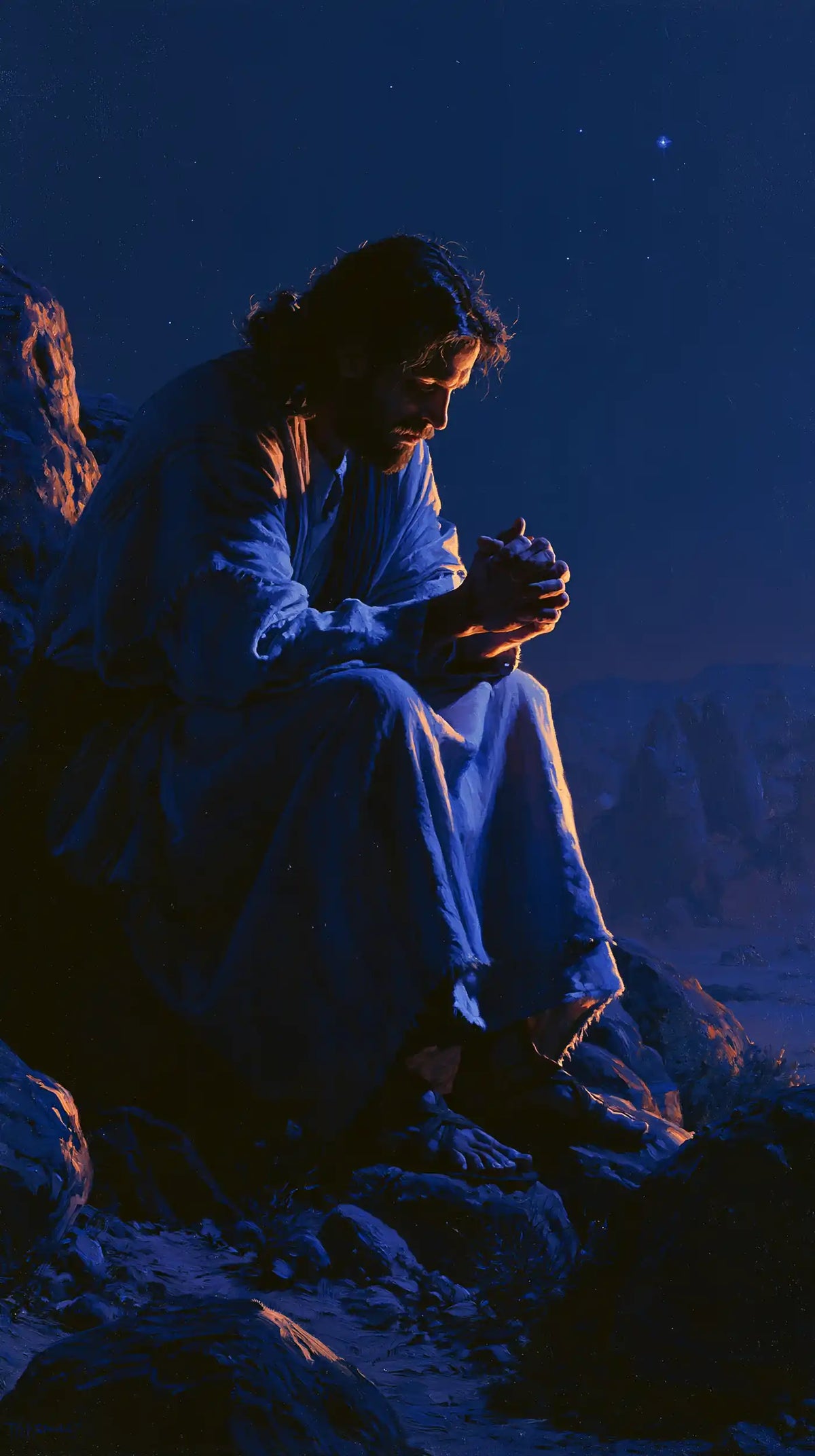 Jesus in the desert during the temptation in Midnight Blue Chiaroscuro style, portrait Christian artwork no. 22