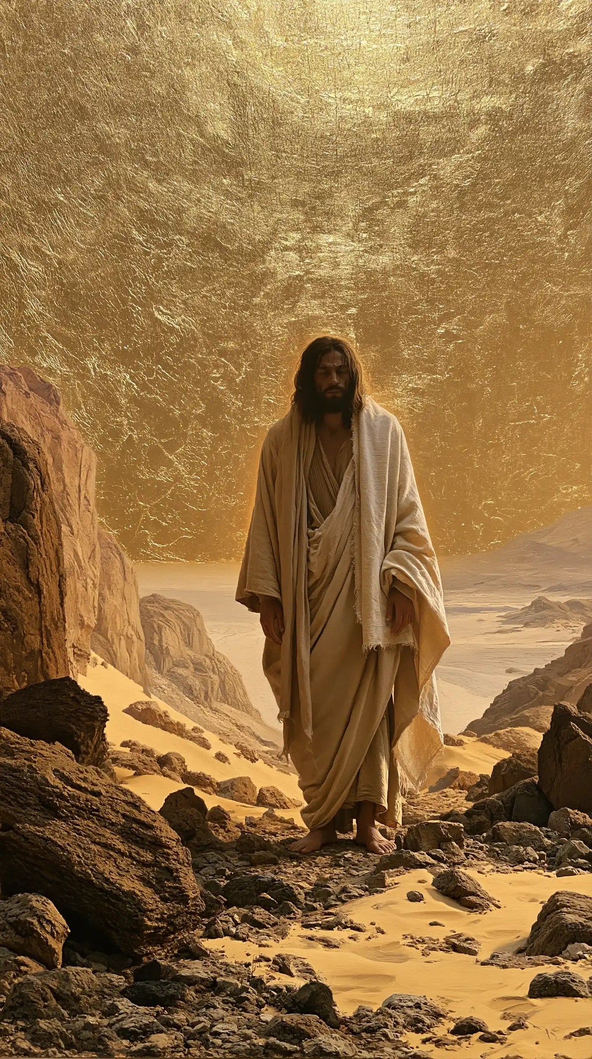 Jesus in the desert during the temptation in Sacred Gold style, portrait Christian artwork no. 20