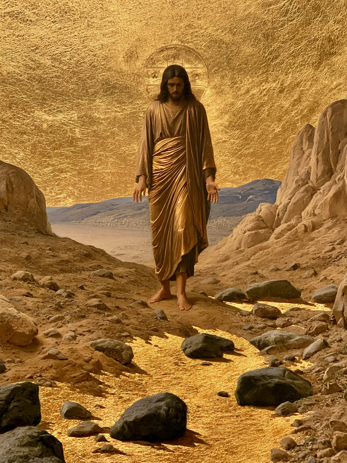 Jesus in the desert during the temptation in Sacred Gold style, portrait Christian artwork no. 22