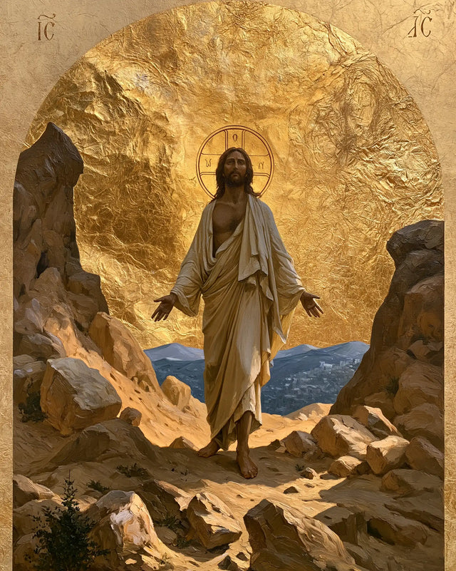 Jesus in the Desert — Open Hands beneath the Solar Medallion