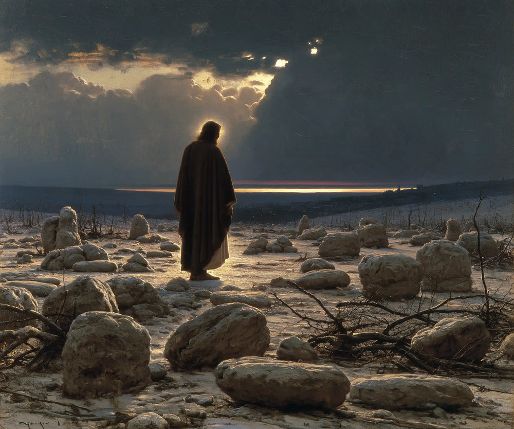 Jesus in the desert during the temptation in Symbolist style, landscape Christian artwork no. 3