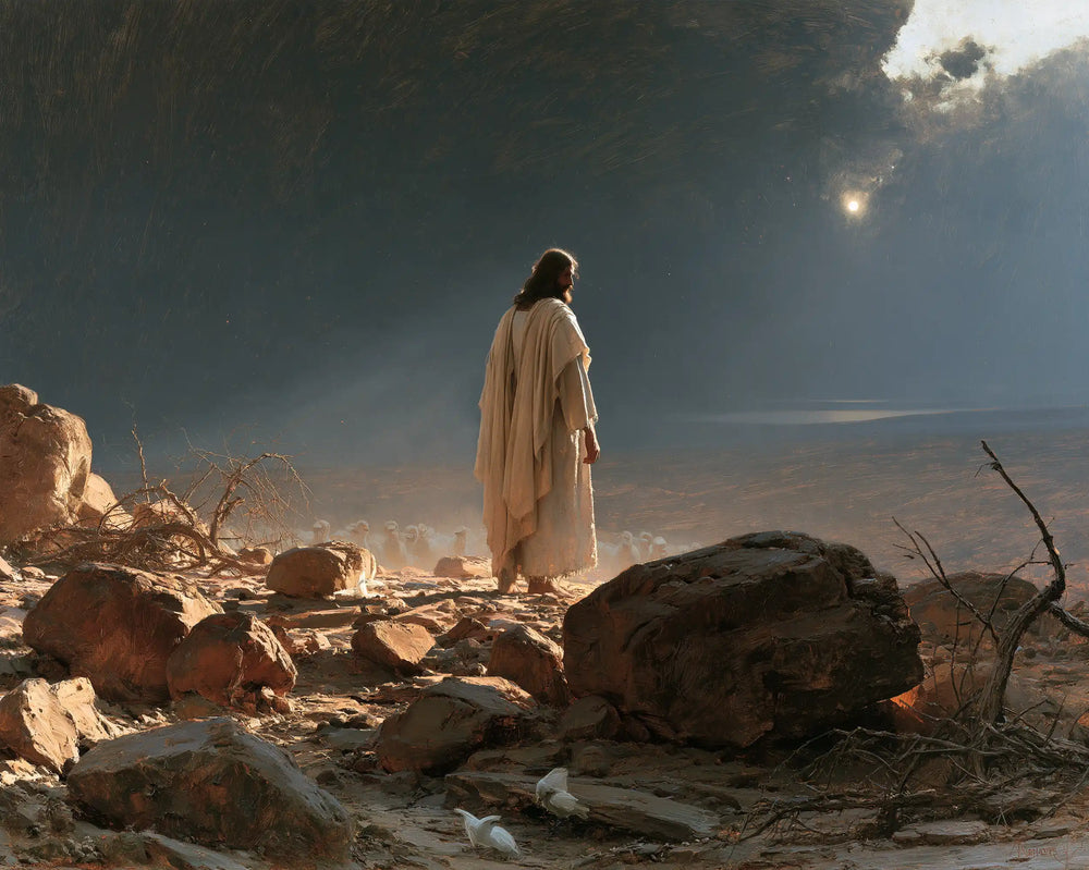 Jesus in the desert during the temptation in Symbolist style, landscape Christian artwork no. 5