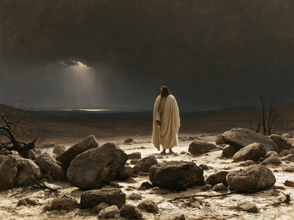 Jesus in the desert during the temptation in Symbolist style, landscape Christian artwork no. 11