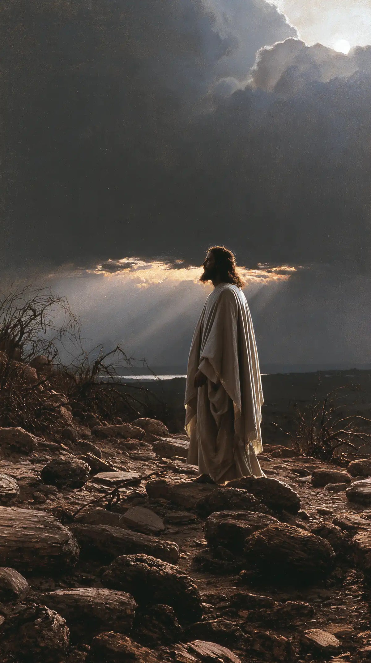 Jesus in the Desert — The Pale Silhouette before the Distant Rays