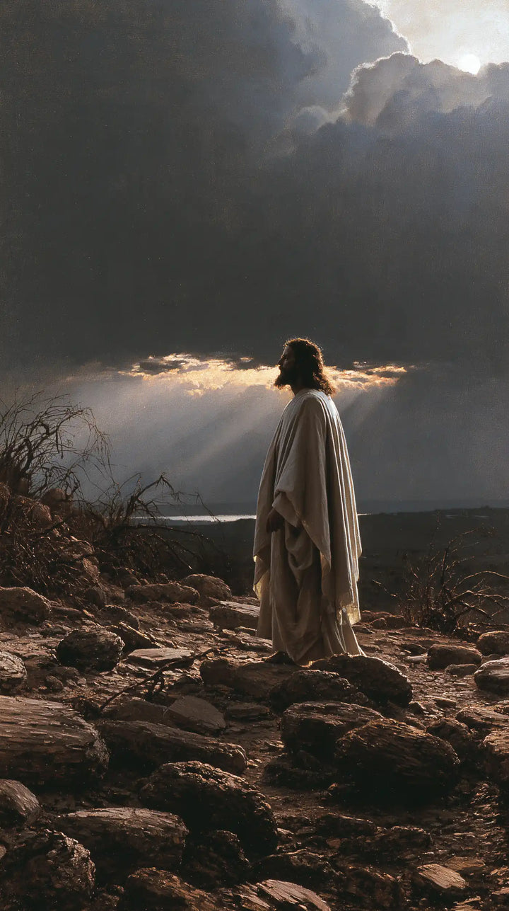 Jesus in the Desert — The Pale Silhouette before the Distant Rays