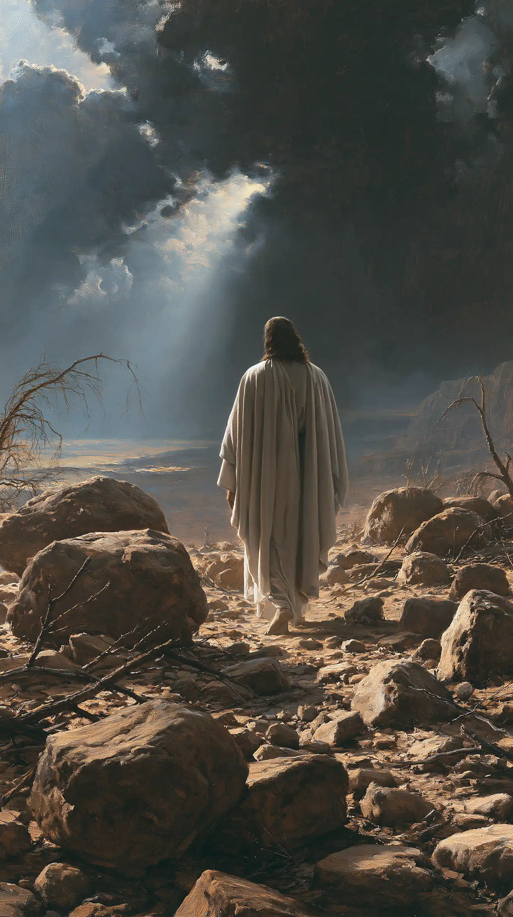 Jesus in the desert during the temptation in Symbolist style, portrait Christian artwork no. 16