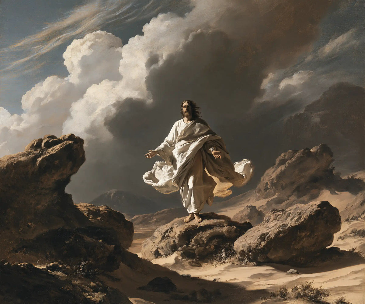 Jesus in the Desert — Linen Lifted among the Wind-Worn Stones