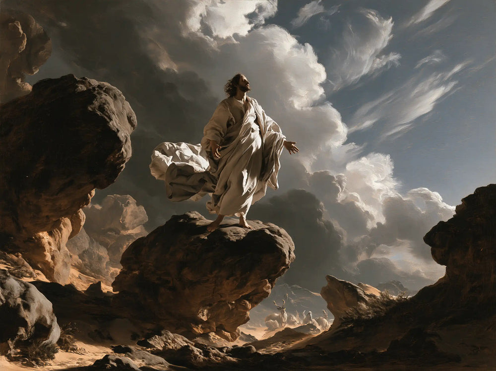 Jesus in the desert during the temptation in Theatrical Baroque style, landscape Christian artwork no. 12