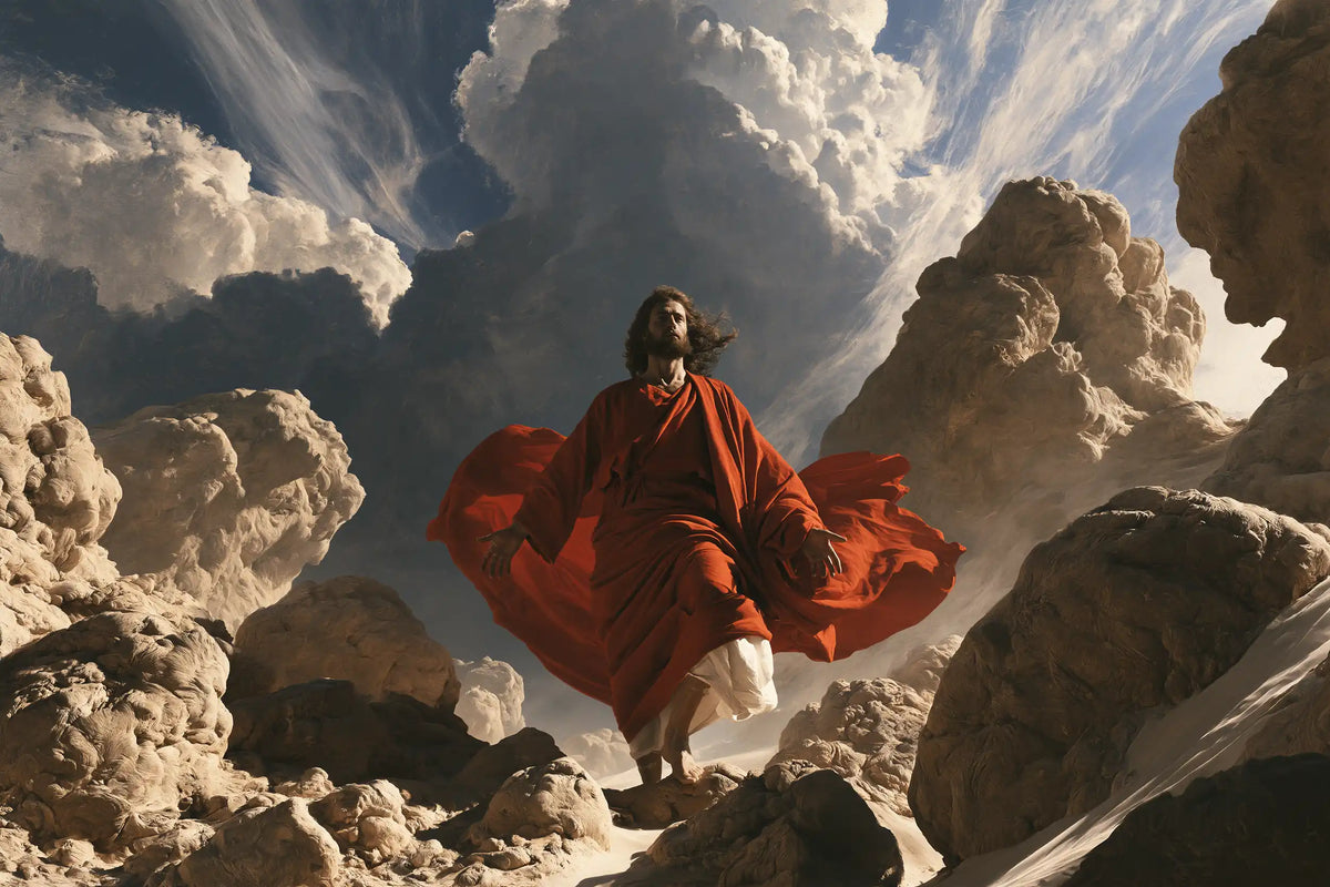 Jesus in the desert during the temptation in Theatrical Baroque style, landscape Christian artwork no. 14