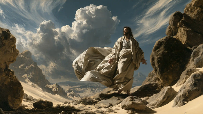 Jesus in the Desert — The Wave of Linen between the Brown Rocks