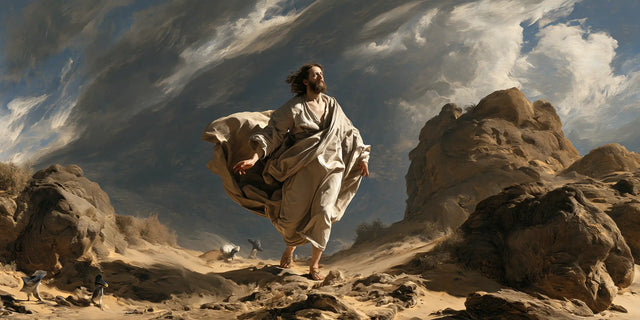 Jesus in the Desert — The Ivory Walk beneath the Streaked Sky