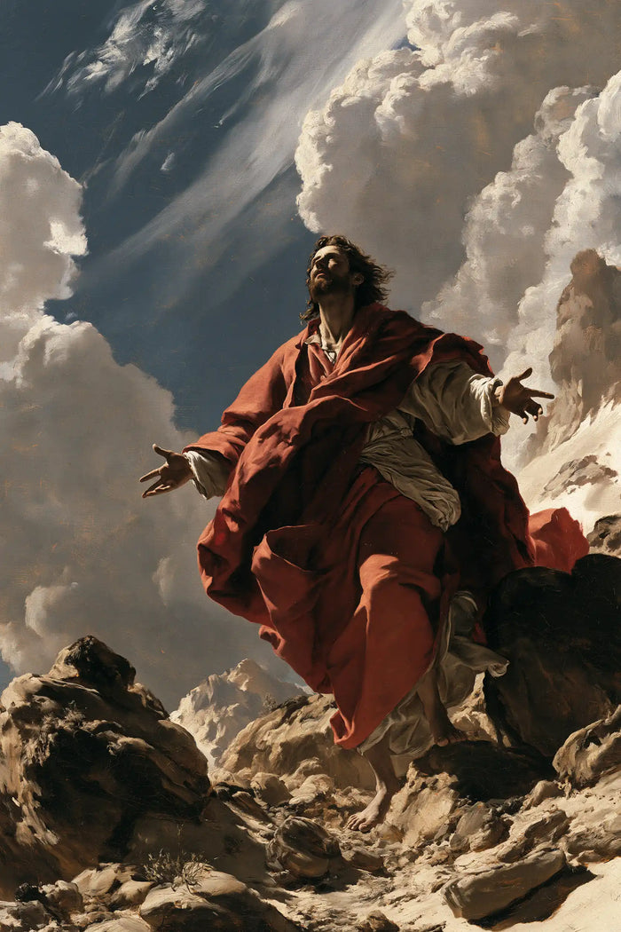 Jesus in the Desert — Open Palms among the Carmine Folds