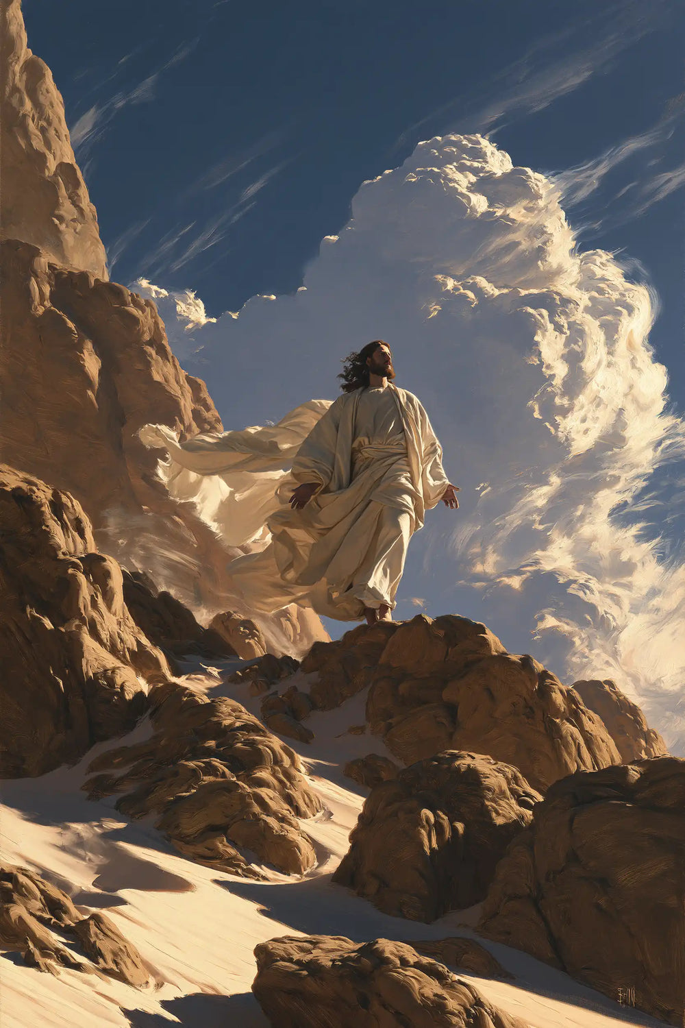 Jesus in the desert during the temptation in Theatrical Baroque style, portrait Christian artwork no. 32