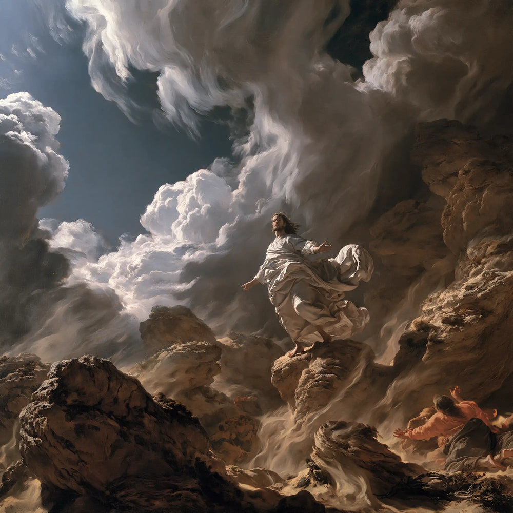 Jesus in the desert during the temptation in Theatrical Baroque style, square Christian artwork no. 3