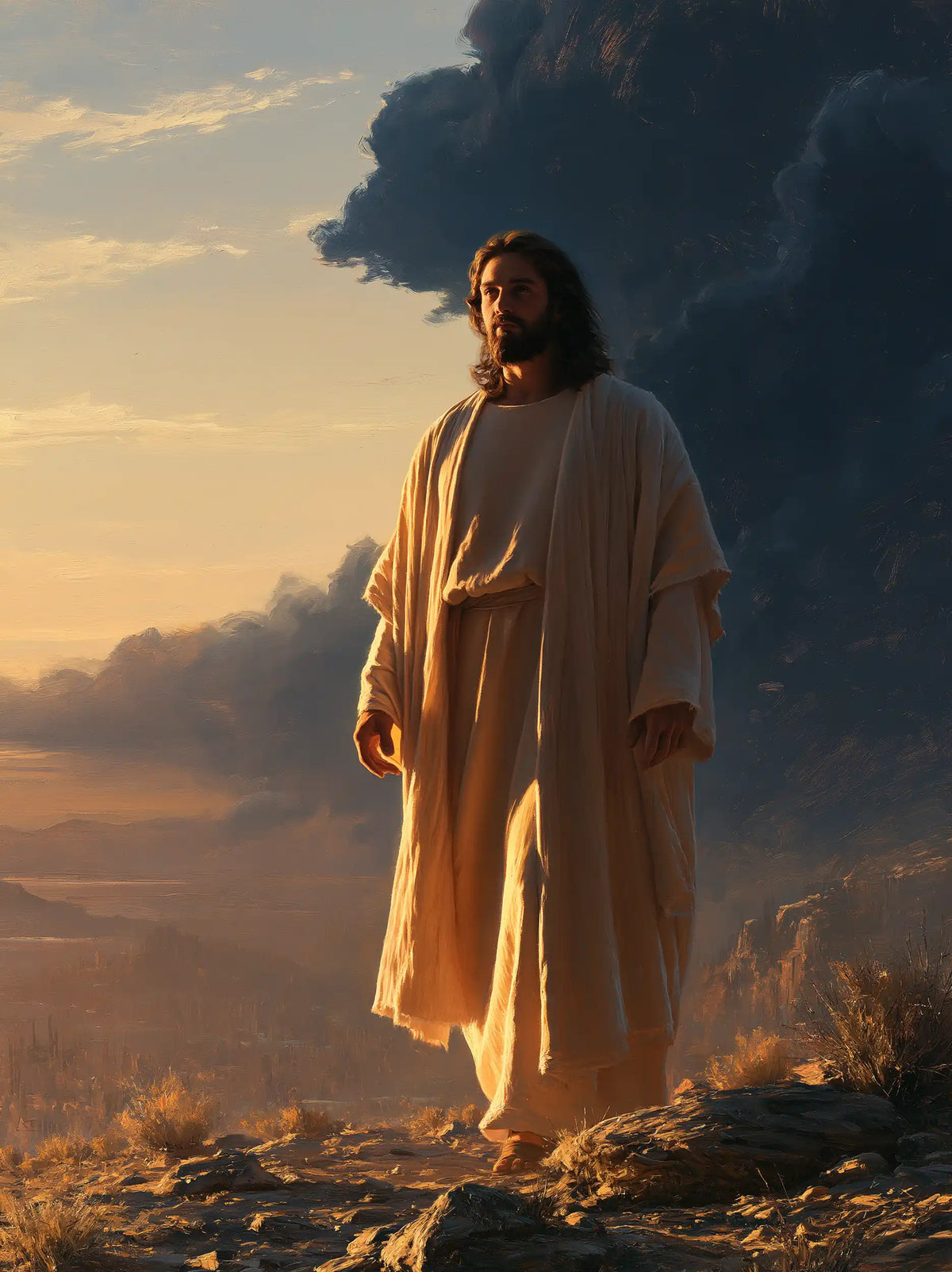 Jesus in the Desert — The Pale Robe at the Threshold of the Amber Sky