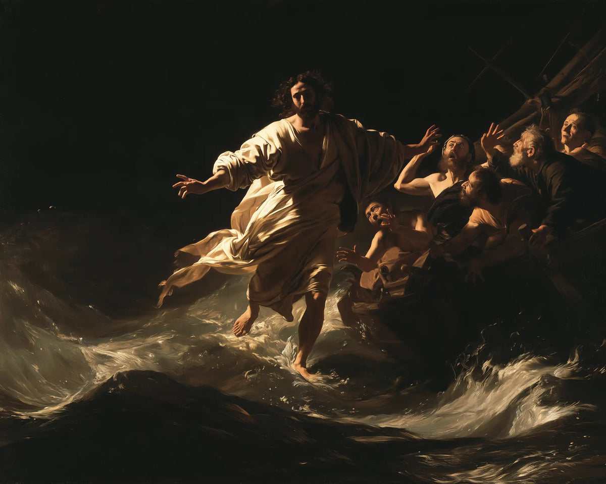 Jesus walking on water in Caravaggio Tenebrism style, landscape Christian artwork no. 6