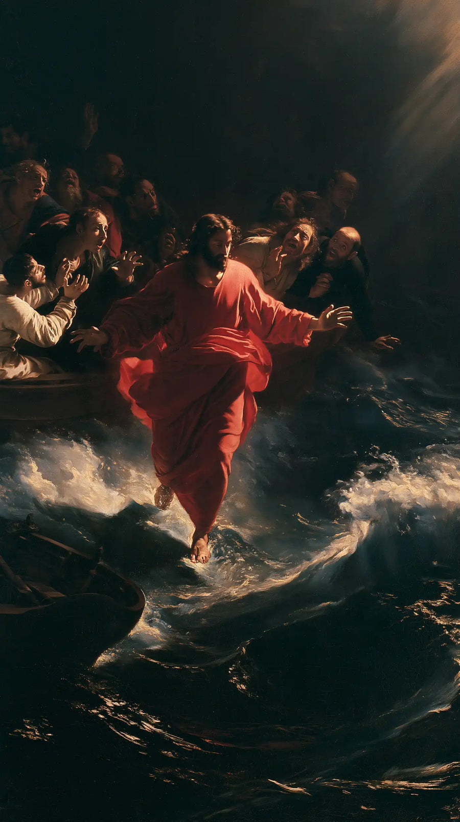 Jesus Walking on Water — Sovereign Red upon Dark Waters