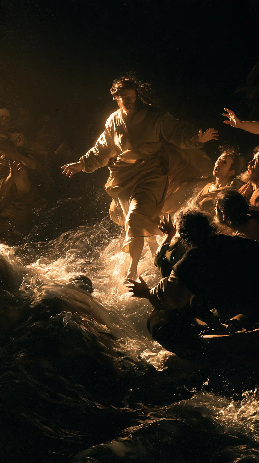 Jesus Walking on Water — Foam Turned to Light beneath His Steps