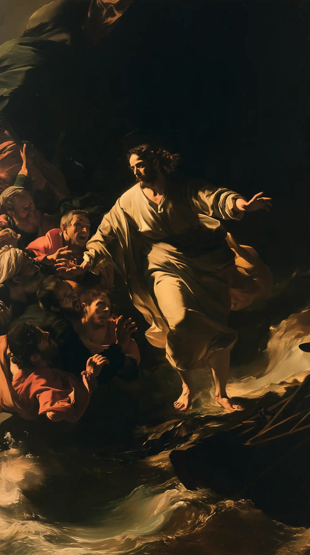 Jesus walking on water in Caravaggio Tenebrism style, portrait Christian artwork no. 31