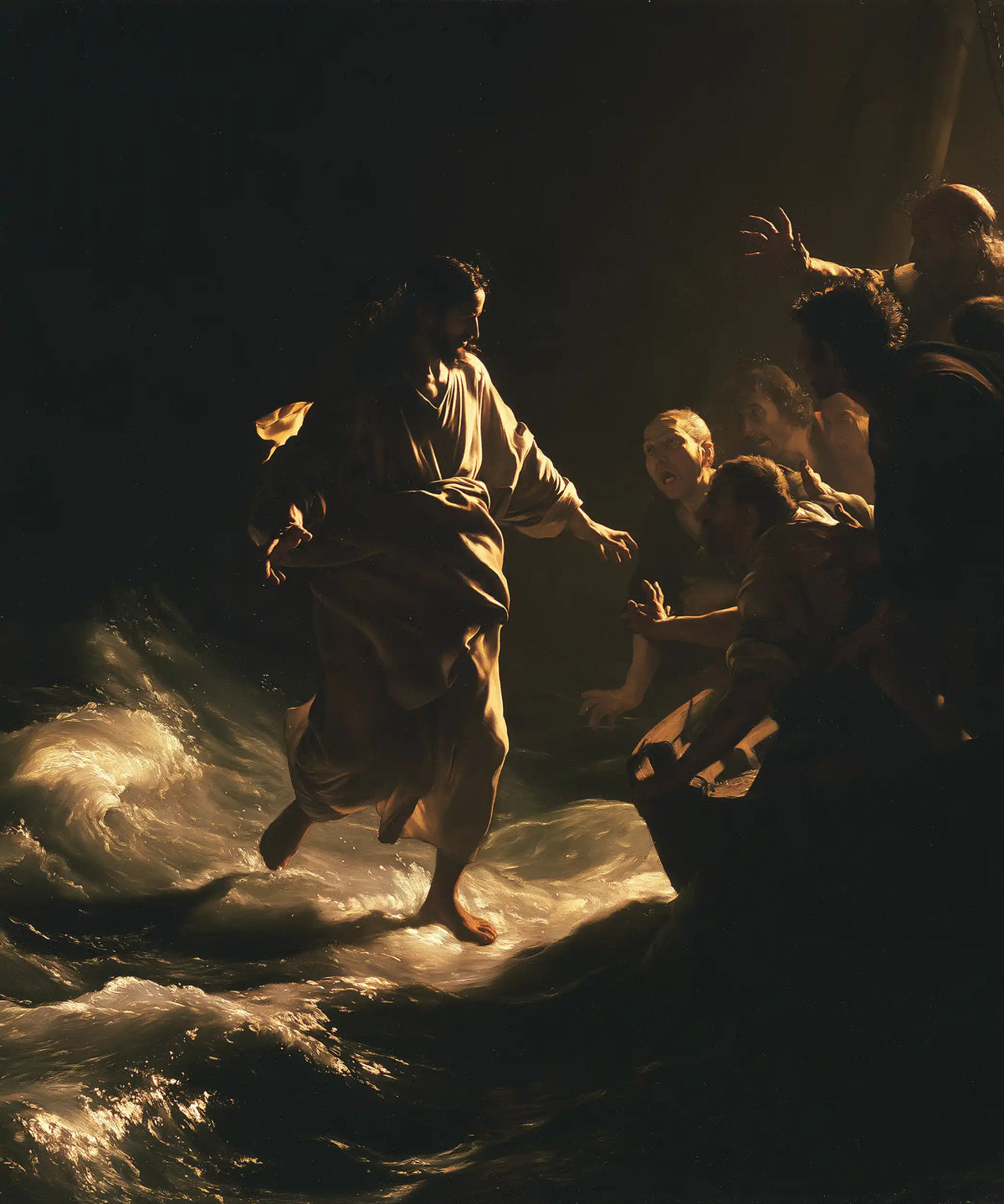 Jesus walking on water in Caravaggio Tenebrism style, portrait Christian artwork no. 35
