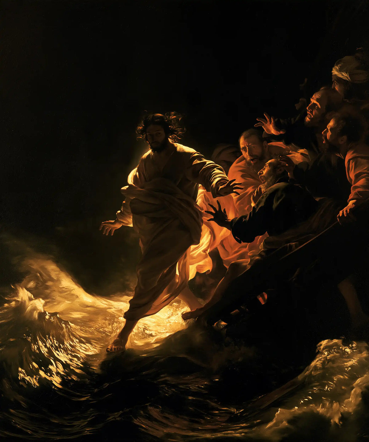 Jesus walking on water in Caravaggio Tenebrism style, portrait Christian artwork no. 36
