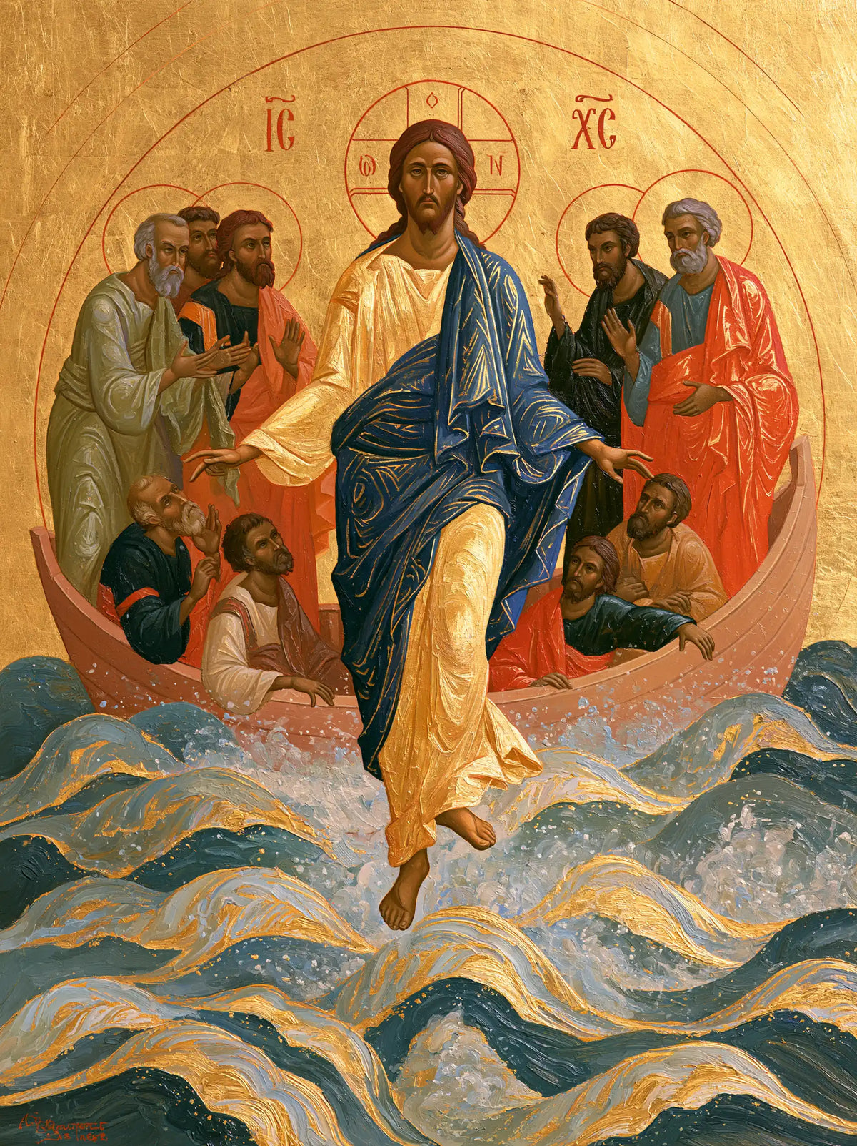Jesus walking on water in Contemporary Byzantine style, portrait Christian artwork no. 24