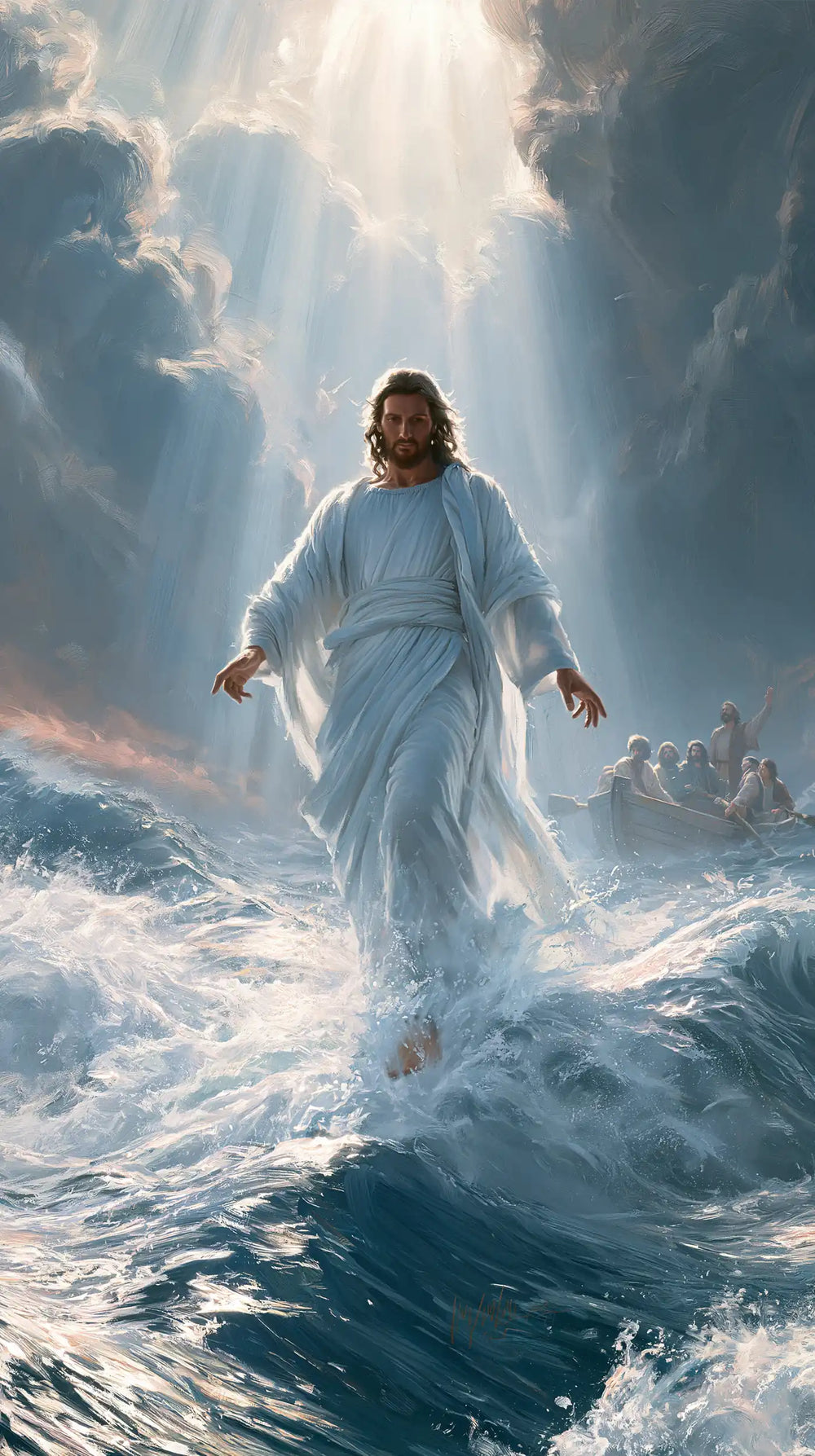 Jesus walking on water in Divine Light style, portrait Christian artwork no. 1
