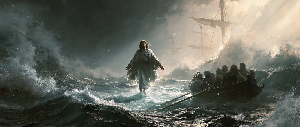 Jesus walking on water in Explosion of Movement style, landscape Christian artwork no. 21