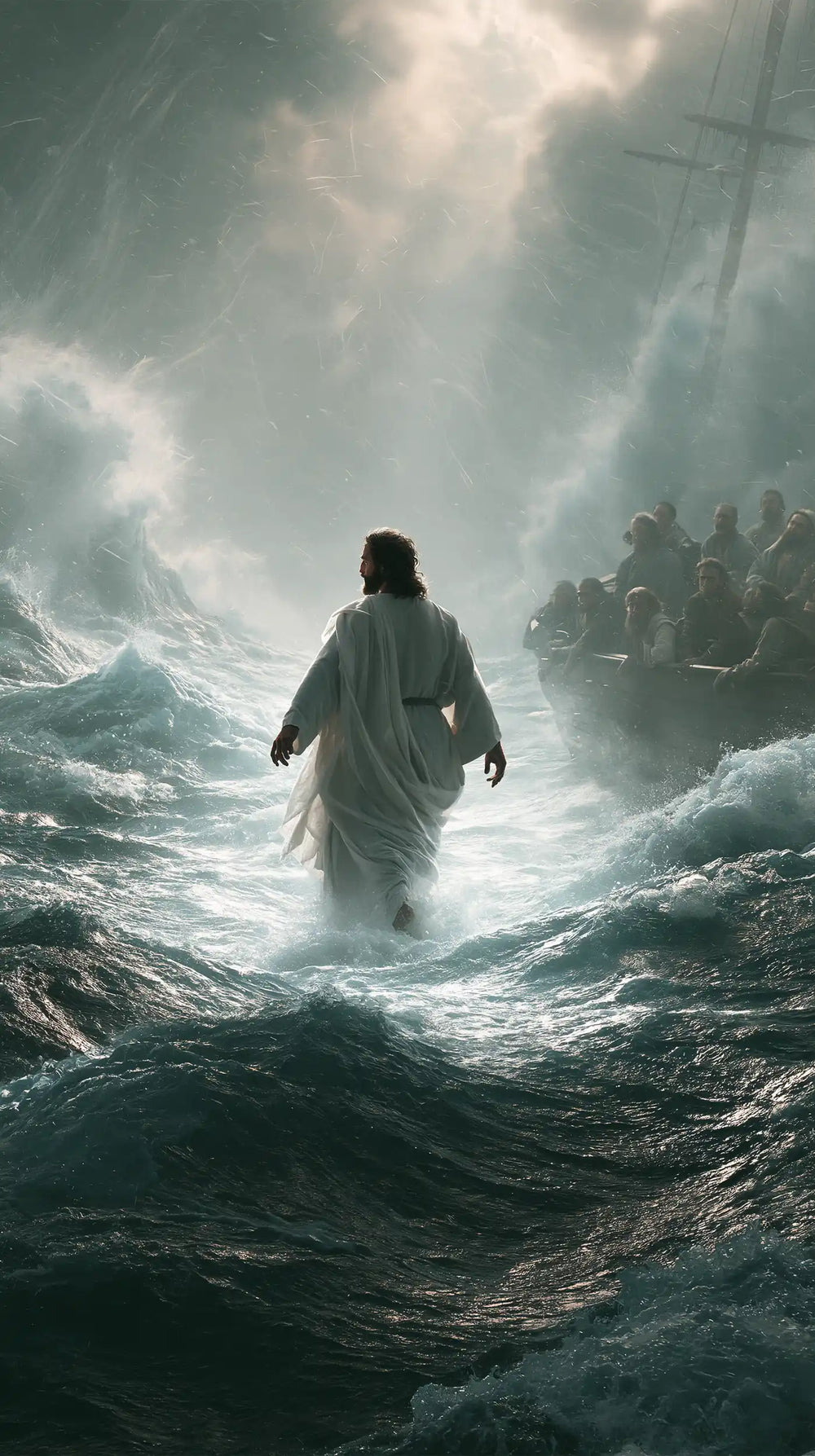 Jesus walking on water in Explosion of Movement style, portrait Christian artwork no. 31