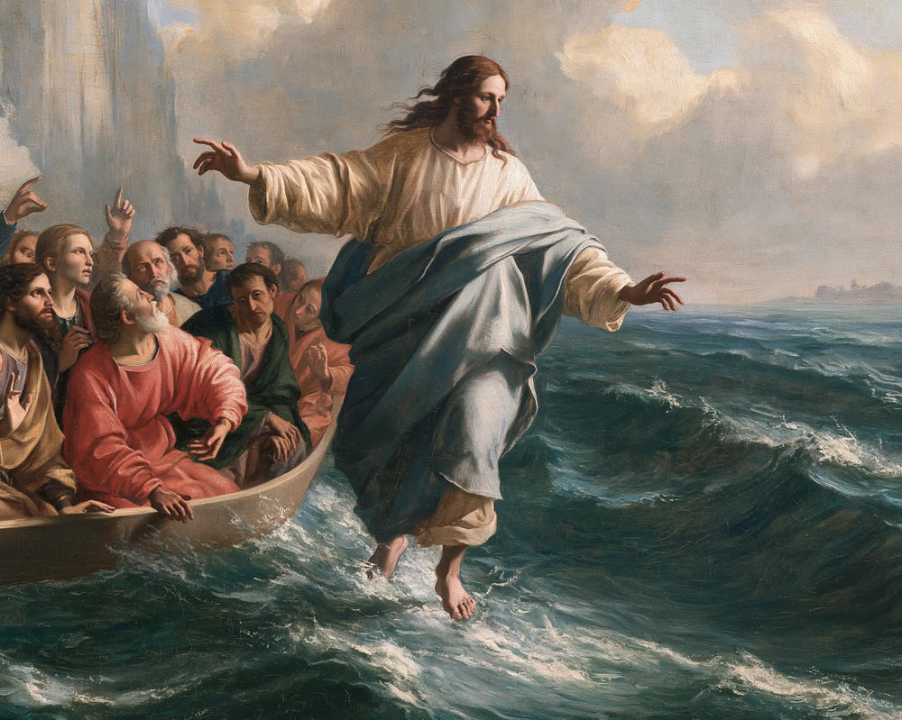 Jesus walking on water in Florentine Renaissance style, landscape Christian artwork no. 11