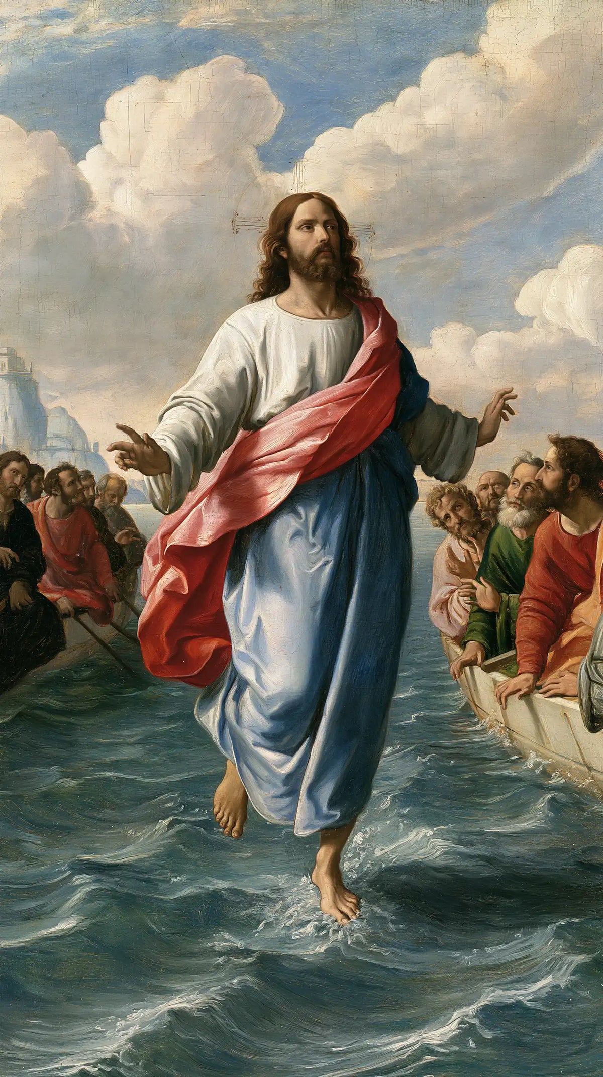 Jesus walking on water in Florentine Renaissance style, portrait Christian artwork no. 24