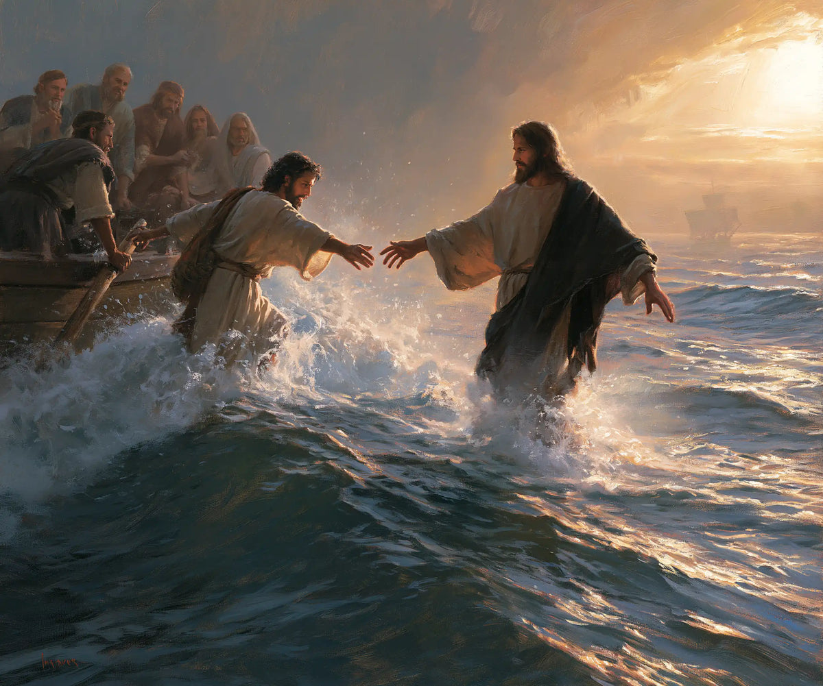Jesus walking on water and calling Peter in Jesus Calls Peter style, landscape Christian artwork no. 1