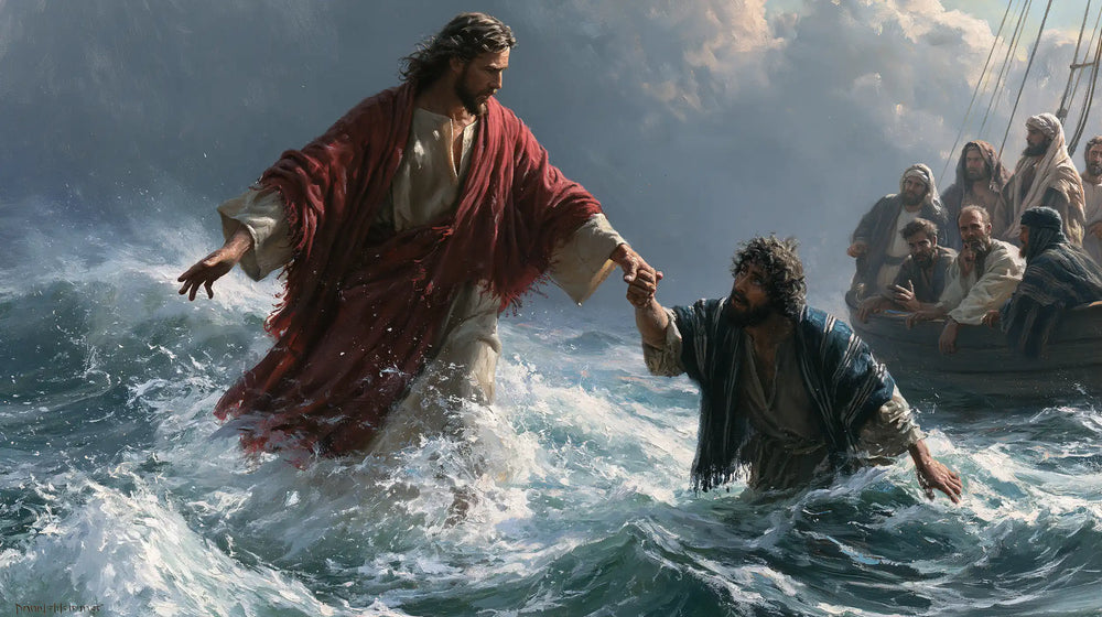 Jesus walking on water and saving Peter in Jesus Saves Peter style, landscape Christian artwork no. 11