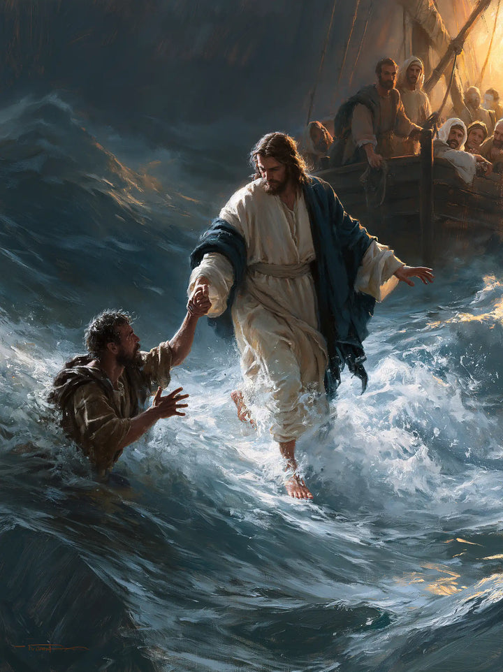 Jesus Walking on Water — Blue Rescue beneath the Amber Sail