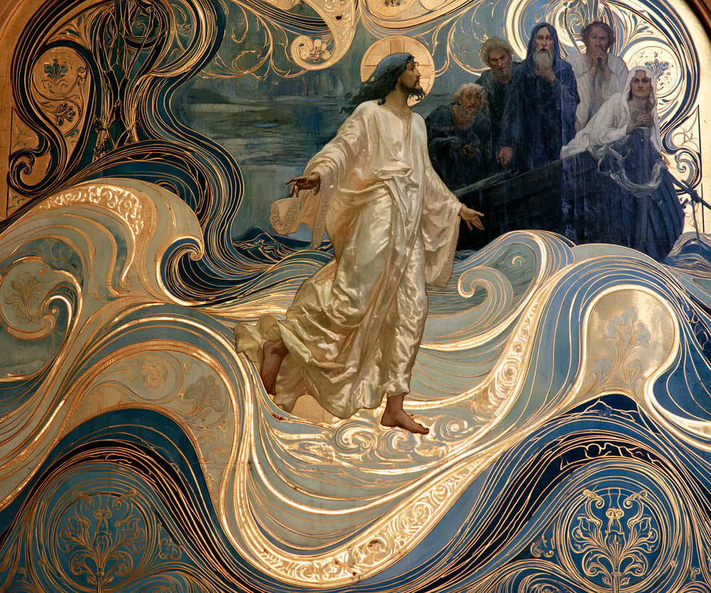 Jesus walking on water in Sacred Art Nouveau style, landscape Christian artwork no. 7
