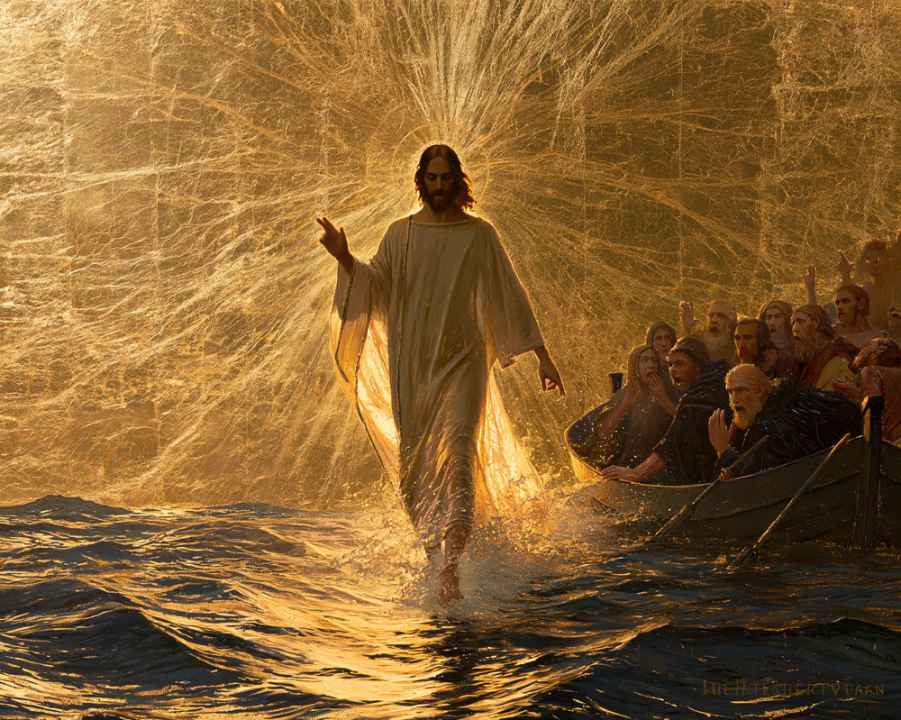 Jesus walking on water in Sacred Gold style, landscape Christian artwork no. 9